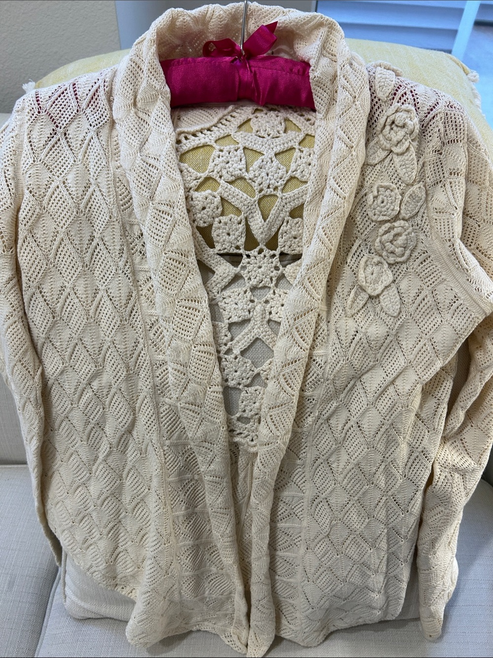 Anthropologie Cream Crochet-Back Open Cardigan with Floral Appliqué